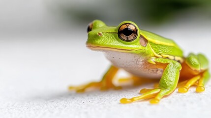 Obraz premium Bright green tree frog perched gracefully on a surface against white backdrop