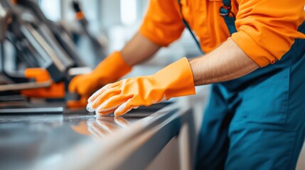 Employee at professional cleaning service washes shop windows