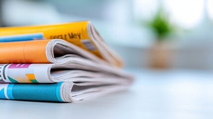 Newspapers stacked together showcasing current events and stories
