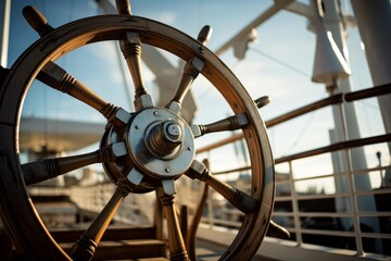 Ship's wheel on a boat deck, representing navigation, leadership, and adventure at sea