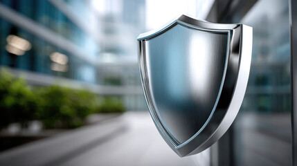 Metal shield security protection symbol on modern glass building background, representing safety, defense, and secure environment