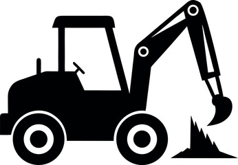 Naklejka premium Black Silhouette Backhoe Loader Digging Dirt with Rear Bucket and Large Wheels