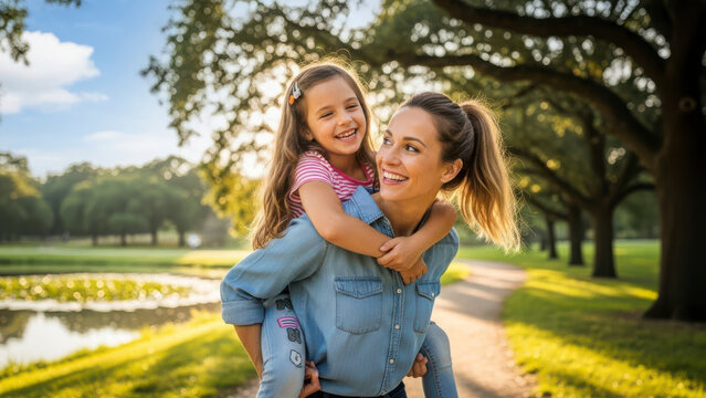 Laughing Mother and Daughter Playing Outdoors in Summer high quality,4K