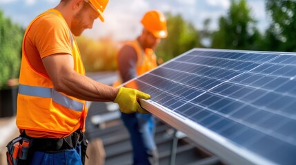 Engineers install solar panels while bright sun illuminates the yard