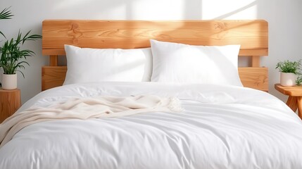 Elegant white bed adorned with cozy pillows and soft blanket on a bright day