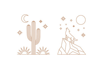 Obraz premium Cactus silhouette set of vector illustrations design, Various isolated cactus logo shapes in black on white background, line art cactus desert flower character symbol, icon and sketch imitation