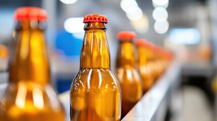 Bottles gliding along a conveyor in the bustling beer factory