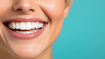 Fototapeta premium Woman happily smiles while using dental flosser in bright blue setting