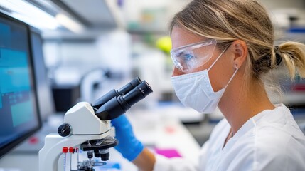 Laboratory technicians engage in focused research with advanced microscopes