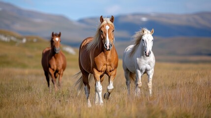 Majestic Icelandic horses courtship on sunlit plains with mountains behind