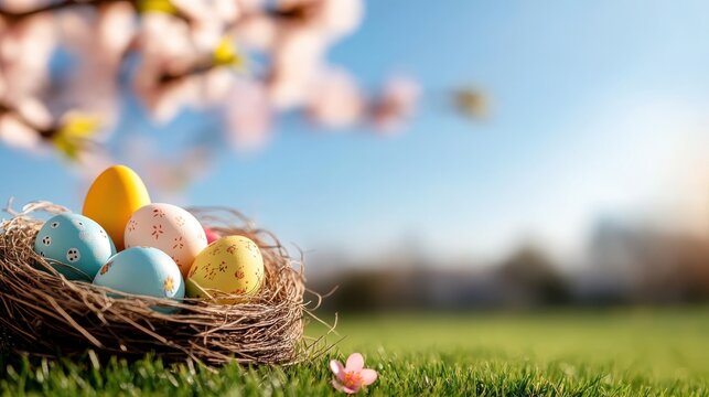 Colorful Easter eggs nestled in a beautiful spring nest with cherry blossoms - Powered by Adobe