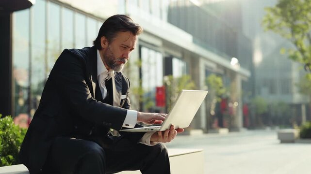 Portrait of concentrated senior corporate manager works on laptop while sits on bench in downtown. Grey bearded businessman writes report on notebook computer near office building