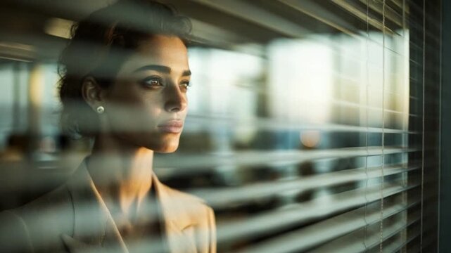 Serene Contemplation: An elegant woman gazes thoughtfully through the window, the soft light illuminating her contemplative expression. The image conveys inner peace and quiet introspection.