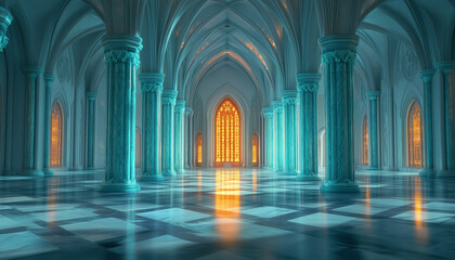 Grand ice palace interior shows glowing crystal columns. Icy walls, shimmering floor reflect bright archway light. Warm orange hues