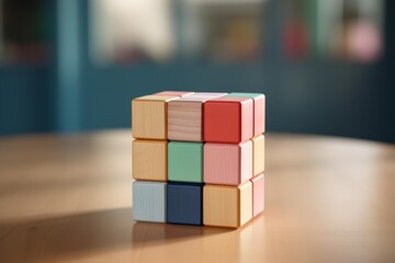 Obraz premium Wooden building blocks in pastel colors arranged into a 3x3 cube on a light brown surface