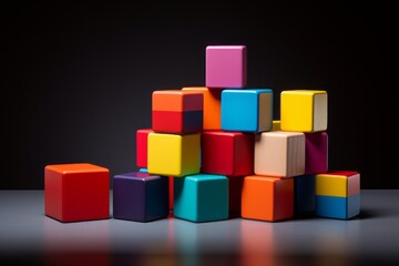 Obraz premium Colorful toy blocks building a pyramid on a dark background, representing childhood play and growth