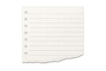 Lined notebook paper with torn edge and punched holes, blank white sheet for memo or note on transparent background