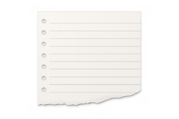 Lined notebook paper with torn edge and punched holes, blank white sheet for memo or note on transparent background