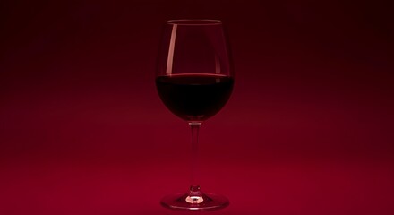Elegant glass of red wine isolated on a dark red background with dramatic lighting and reflection, luxury beverage concept.