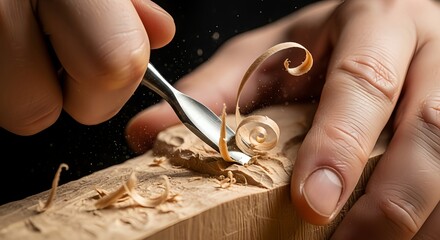 Close-up of a carpenter's hands using a chisel to carve wood, creating curly shavings with detail and craftsmanship.