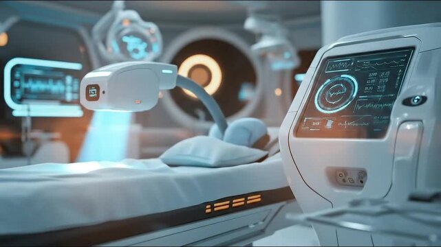interior of a futuristic, sterile room. A medical bed sits centered under a robotic arm in a room filled with medical equipment.