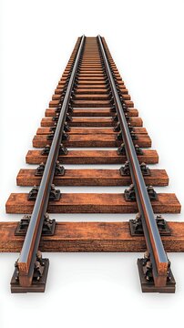 Rustic Brown Wooden Railway Tracks Receding to the Horizon Against White Background