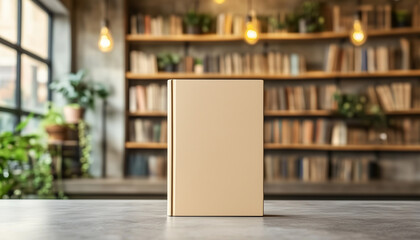 Blank book sits on table in bookstore aisle surrounded by shelves of books. Offers space for custom text or design. Ideal for publishing