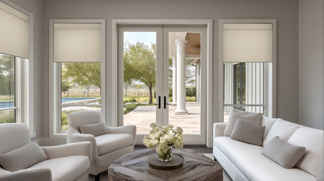 Beige living room roller blinds white armchair white sofa wooden coffee table flower vase bright modern cozy