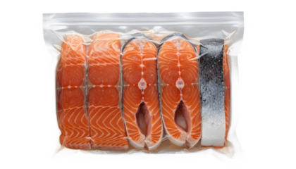 Fresh raw salmon steaks vacuum packed in plastic bag for food preservation
