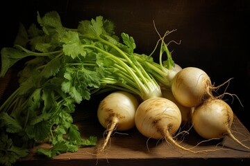 White root vegetables and green leafy tops presenting healthy eating