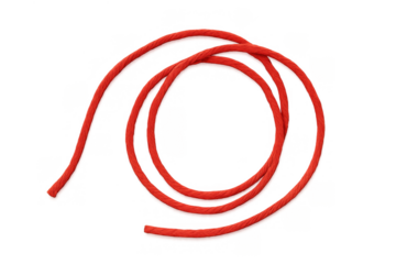 Red rope creating a circular coil, its textured fiber forming a twisted arrangement on a transparent background