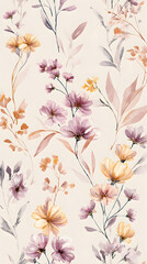 Colorful floral pattern featuring various flowers and delicate leaves on a light background