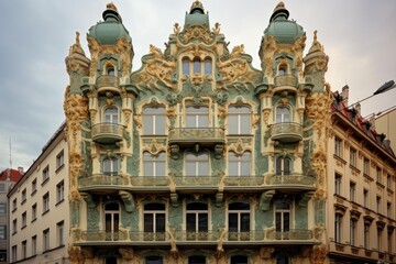Fototapeta premium Ornate art nouveau building facade with intricate details and balconies against a cloudy sky