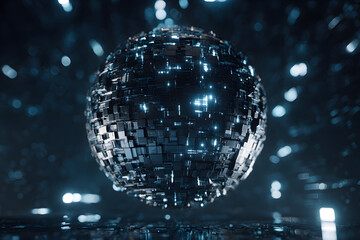 Obraz premium Futuristic metallic sphere illuminated with light in a digital space environment