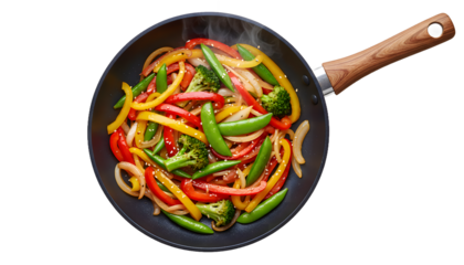 Fresh vegetable stir fry cooking in nonstick frying pan with steam isolated on transparent background