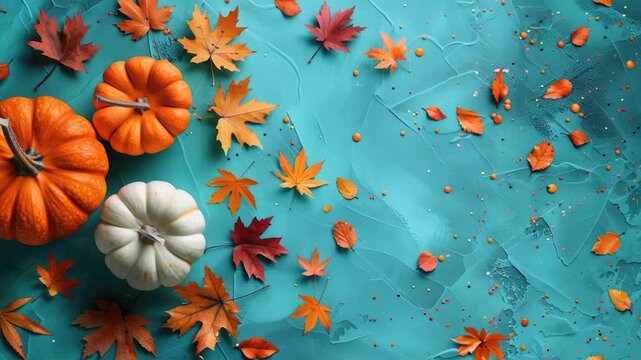 Video A group of pumpkins arranged on a blue surface, perfect for fall-themed designs or Halloween decorations