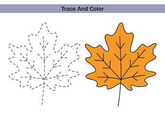 Educational worksheet with a leaf to trace and colour color. Dashed outline for tracing and a fully coloured green leaf for kids fine motor skills practice and early learning activities.