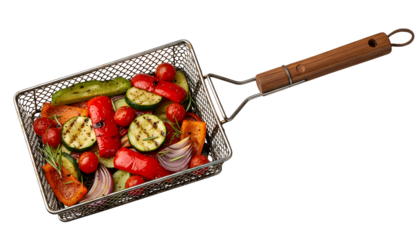 Grilled mixed vegetables in wire barbecue basket isolated on transparent background