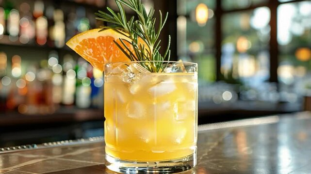 A drink sits on a bar counter with ice and a slice of orange. A sprig of herb adds detail. The setting has soft lighting and various bottles in the background