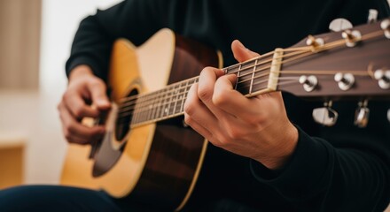 Fototapeta premium Young man playing acoustic guitar, showcasing intricate finger movements and musical expression, with warm lighting creating a cozy atmosphere for music and creativity