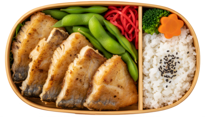 Japanese oval bento box lunch with grilled fish and vegetables isolated on white background