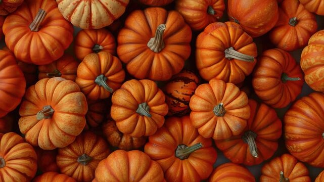 Video A collection of small orange pumpkins stacked on top of each other