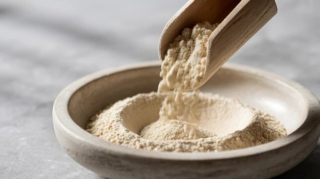 cinematic macro shot of neutral beige protein powder or organic flour pouring from wooden scoop into stone bowl on light grey background for healthy nutrition and baking concept