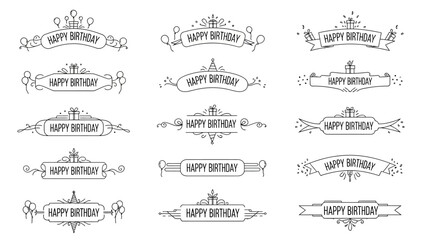 A charming collection of elegant line art 'Happy Birthday' banners and decorative frames, perfect for festive celebration designs and greeting cards.