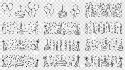 A charming collection of hand-drawn birthday celebration elements including cakes, candles, balloons, and party hats, perfect for festive designs and joyful occasions.