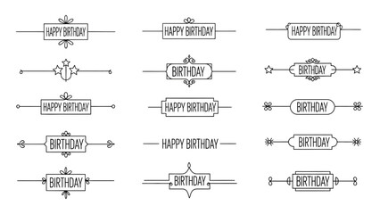 An elegant assortment of black and white line art birthday banners, decorative frames, and text dividers, ideal for invitations and digital designs.