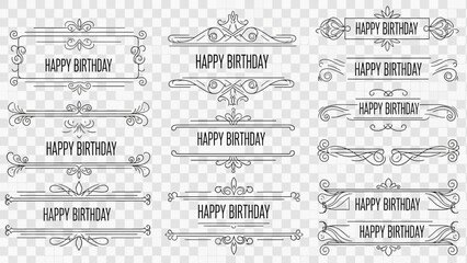 A collection of elegant hand-drawn vintage frames and decorative dividers featuring 'Happy Birthday' text, perfect for invitations and greeting cards.