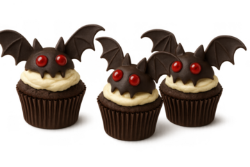 Three halloween bat cupcakes with chocolate wings and red eyes, sweet spooky autumn holiday dessert treats