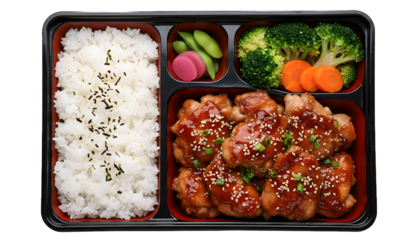 Traditional japanese bento box meal with teriyaki chicken and rice isolated on white background