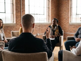Diverse Group of Professionals Engaging in Collaborative Discussion in a Modern Loft Office Setting with Focused and Empathetic Mood.
